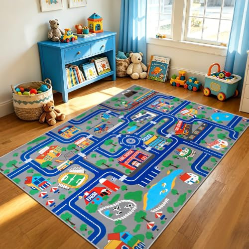 Capslpad Kinder-Spielteppich, Stadt, Straße, 150 x 200 cm, rutschfest, Kinderteppich, Spielmatte, maschinenwaschbar, Trainingsmatte, Kurzflor-Teppich, Lernbereich, Teppich für Kinderzimmer, Kleinkind