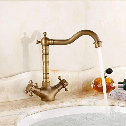 Küchenarmaturen, Antikes Messing, Badezimmer-Küchenarmatur, Drehbarer Auslauf, Zwei Kreuzgriffe, WC-Waschbecken-Mischbatterien, Deckmontage, Warm- Und Kaltwasserhahn