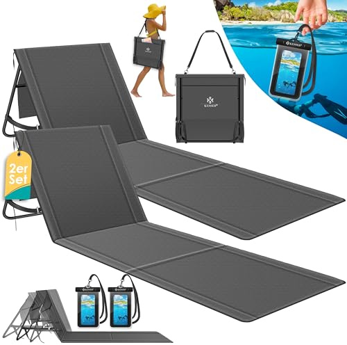 KESSER® Colchoneta de Playa Plegable con Respaldo Ajustable, Correa de Transporte, Funda Impermeable para Móvil y Bolsa de Almacenaje, Tumbona, hasta 130 kg, Set in 2 - Antracita
