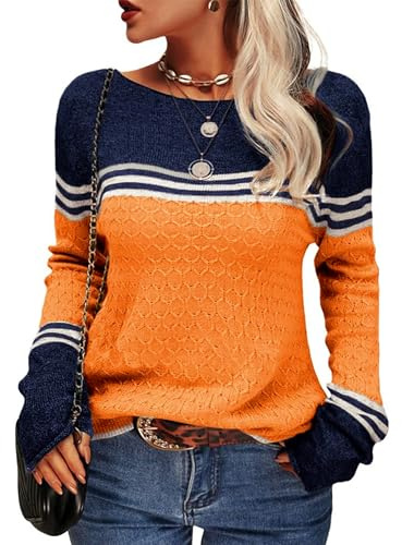 Hormtaer Womens Jumpers Crew Neck Long Sleeve Knit Sweater Colorblock Striped Knitwear Ladies Casual Retro Sweaters Soft Pullover Tops (Orange, S)