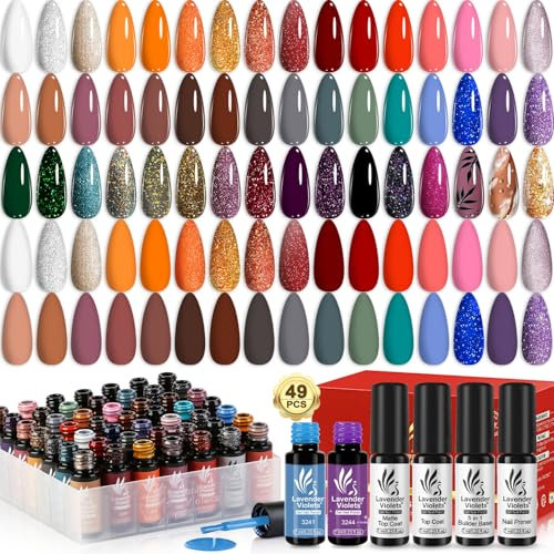 49 Pcs Gel Nail Kit - High Pigment Colors for Autumn-Fall Winter, Includes Skin Nudes, Warm Shades & Iridescent Glitter Gels Nail Polish, 5-in-1 Builder Base, Top Coats, Soak Off UV LED Set A906