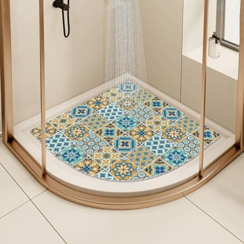 Alfombrilla de ducha de esquina para ducha interior, antideslizante, antimoho, alfombra de baño de lufa, alfombra de baño de cuadrante curvado para baño, zona húmeda con drenaje (azul, 60 x 60 cm)
