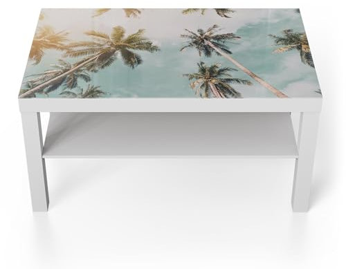DEQORI Glastisch | weiß groß 90x50 cm | Motiv Himmelstanz der Palmen | ausgefallener Beistelltisch aus Glas | Hochglanz Couchtisch fürs Wohnzimmer | moderner Couch Tisch mit Design