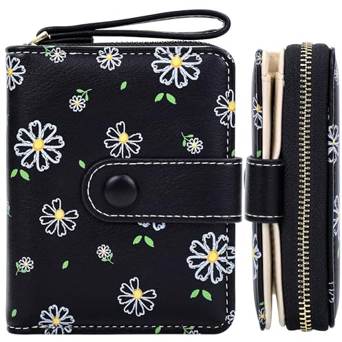 Farcauo Portemonnaie Damen Geldbeutel Frauen Geldbörsen Klein Damen Portemonnaie Mini Geldbörse Schwarze Blumen Design Geldbörse mit Ausweisfach und Kartenhüllen Frauen Klein Portmonee