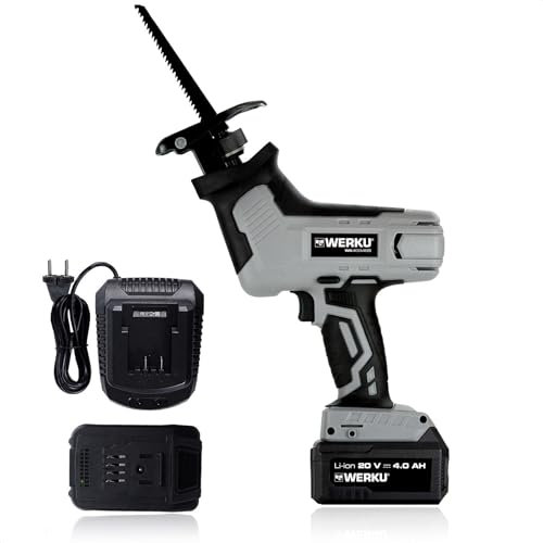 Werku WK403460+WK403470+WK403480 Scie sabre sans fil, qualité professionnelle, puissance 20 V et 4 Ah, batterie Li-ion, moteur brushless, capacité de coupe 60 mm, batterie et chargeur inclus