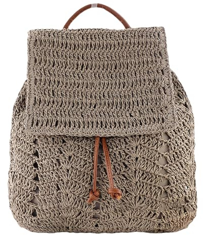 Anopo Mochila de Paja con Cordón para Mujer Gris | Look Boho, Hecho a Mano, Ligero, Amplio Volumen, para Verano, Playa y Vacaciones