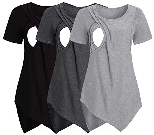 Hanraz Lot de 3 hauts d'allaitement pour femme - Manches courtes - En coton - Col rond - Tailles - T-shirt d'allaitement - Mode d'allaitement - T-shirt d'été, Gris foncé/B, XXL