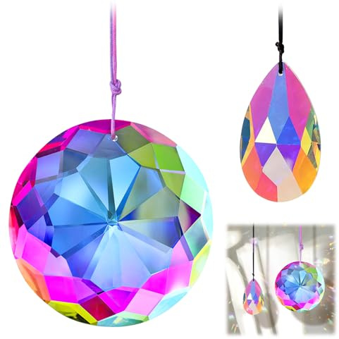 Attrape-Soleil Cristal Design Bauhinia, 38 mm Goutte + 75 mm Rond, Prisme Suspendu Arc-en-Ciel pour Fenêtre Jardin Voiture Balcon, Décoration Élégante Cadeau Original