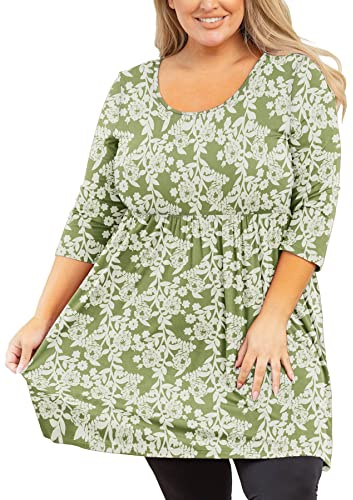AusLook Plus Size Tunic Tops for Women 3/4 Sleeve Green Roses 3X Blouses Crewneck Clothes Pleated Clothing Flowy Babydoll Summer Fall Winter Maternity Shirts