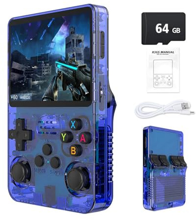 R36S Retro Handheld Game Console with 3.5 IPS Display, 64/128GB and 21,000+ Classic Games, Open Source Linux System, Screen Portable Pocket Video Player (Blue-64G)