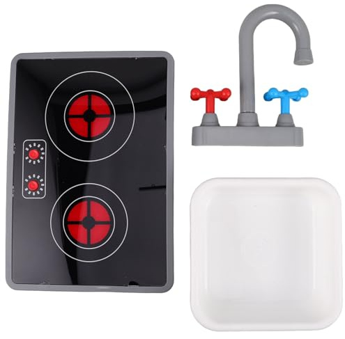 BESTonZON Jouet Cuisine Électronique 3 Pièces pour Enfants Tout-Petits | Plaque Cuisson Induction Son Lumière Réalistes | Évier Robinet Accessoires Jeu de Rôle