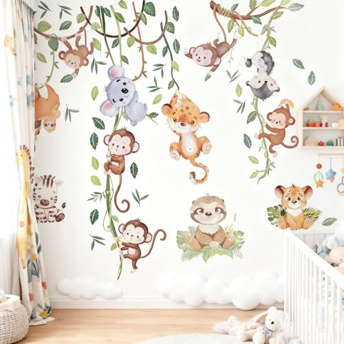 Wandtattoo Dschungel Tiere Baum Zweig Reben Wandaufkleber Löwe Leopard Affen Koala Safari Wandsticker Kinderzimmer Babyzimmer Wohnzimmer Schlafzimmer Wanddeko