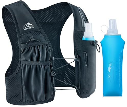 Zelvot Laufweste für Damen und Herren mit 500ml Trinkflasche, Europäisches Originalpatent, Verstellbare Brustgurte, Ultraleicht & Atmungsaktiv, Reflektierende Trinkweste Laufen (Schwarz, XS/S)