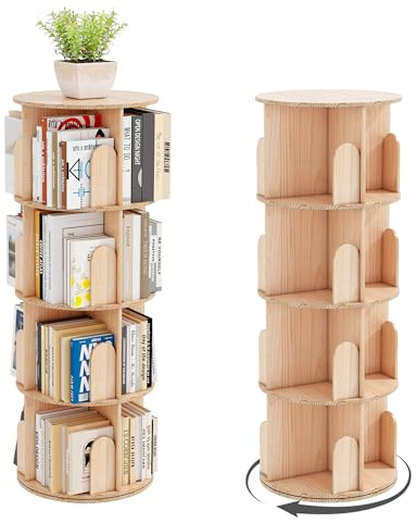 Wumagin Bücherregal Kinder, 360° Drehbares Bücherregal mit 4 Ebenen, Drehregal Spielzeugregal, Multifunktionales Bücherregal Massivholz für Wohnzimmer, Home Office