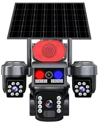 PUSOKEI Caméras de sécurité Solaires à Triple Objectif sans Fil pour L'extérieur, Caméra Solaire à Dôme à 360° à Trois Objectifs Alimentée par Batterie avec Détection de Mouvement AI