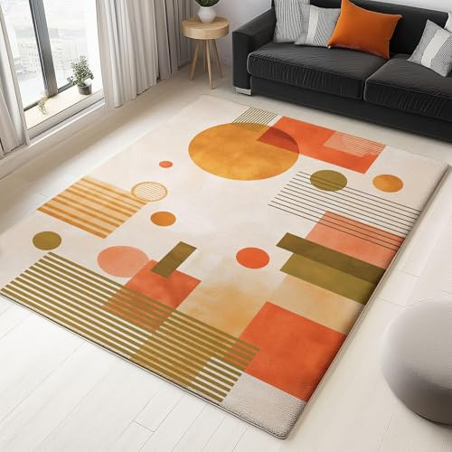 AUWUUA Modern Minimalistisch Line Geometrisch Teppich Wohnzimmer 250x350cm Waschbarer Abstrakte Kunst Rutschfester Dekorativer Teppich für Schlafzimmer, Kinderzimmer, Büro, Flur, Orange Farbe