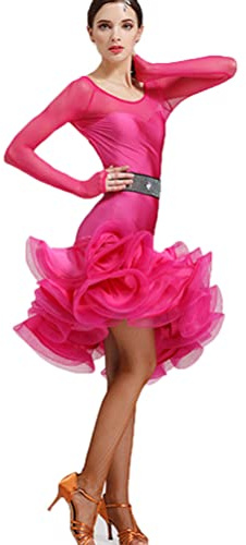 Yhsgscr Rundhalsad latinsk dansklänning med fiskbensmönster för kvinnor Dansklänning för samba rumba Cha Cha danskläder Slim fit Långärmade tangokläder,B,L