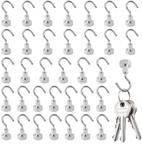 Brightora 34 Pack Magnetic Hooks Heavy Duty, Strong Neodymium Magnet Hooks for Fridge, Cruise Cabin, Locker, Kitchen and Office, No Drill Hanging Hooks for Metal Surfaces, Rust-Resistant Silver