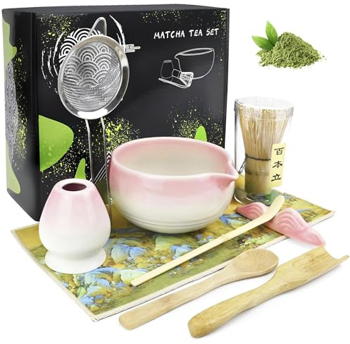 mobumeia Matcha Set, 9-Teiliges Matcha Zubehör mit Matchabesen, Auslauf, Sieb, Löffel und Halter, Tee Zeremonie Set für Liebhaber und Einsteiger Geschenk, Rosa