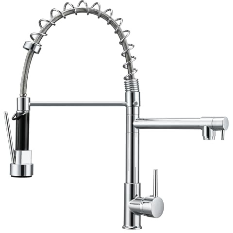 Hapilife Dual Spout Kitchen Sink Mixer Tap with Pull Out Spray Commercial | Rustproof Stainless Steel, 47cm High Arc Spring Kitchen Taps for Large Double Sinks, Dual Function 360° Swivel, Easy Install