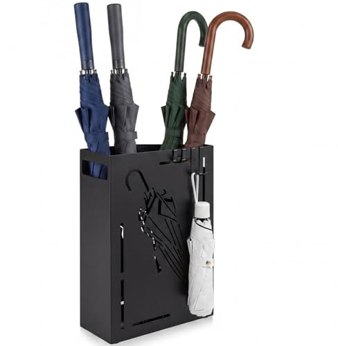 COSTWAY Metal Umbrella Stand, Hollow-Out Umbrella Holder Rack with Removable Drip Tray and 4 Hanging Hooks, Rectangular Freestanding Walking Stick Holder Bin for Entryway Hallway Office