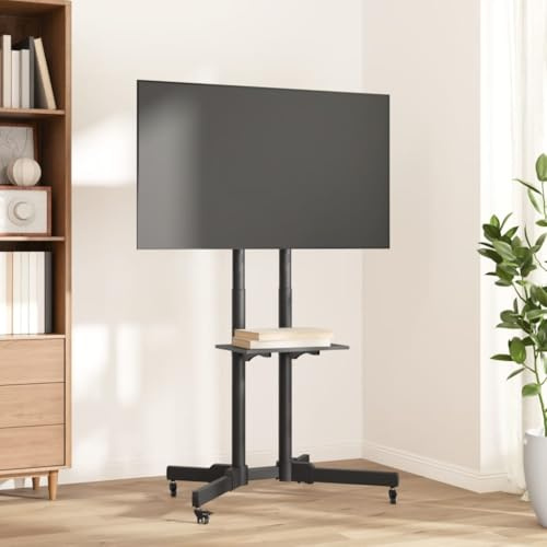 TV-Möbel auf Rollen, höhenverstellbar, für Bildschirme von 32-70 Zoll, TV-Halterung mit verstellbarem Regal und Neigung 15°, Trolley aus robustem Stahl mit feststellbaren Rollen