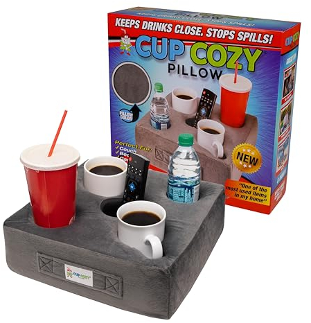 Cup Cozy Deluxe Pillow (Gray) *As Seen on TV* -The World's Best Couch Cup Holder Pillow! Cup Holder Pillow for The Couch, Sofa, Bed, Car, RV, Park & More! Drinks, Remotes, & Snacks Holder Tray