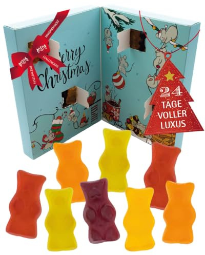 Hallingers Genuss Manufaktur Fruchtsaftbärchen Adventskalender - 48 extra große Fruchtgummi Bärchen handmade in edlem Softfeel-Buchkarton Weihnachtsmäuse, Weihnachtskalender für Jungs Mädchen