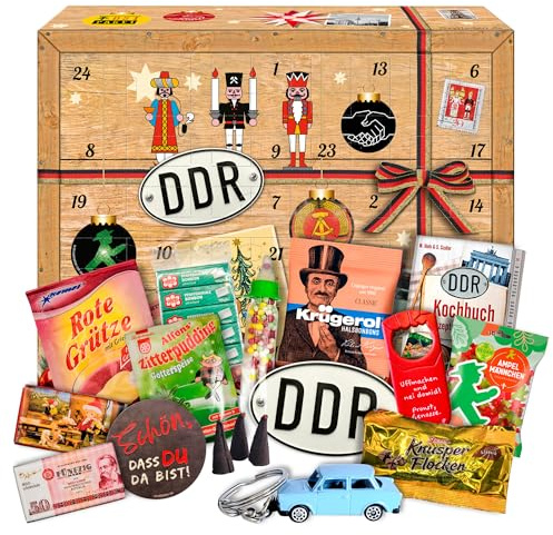 DDR Adventskalender mit Ostprodukten - Weihnachtskalender mit Ost Waren | 24x Ost-Spezialitäten & Ost-Klassiker, Weihnachtskalender für Ossis inkl. Kochbuch & Süßigkeiten inkl. Kochbuch