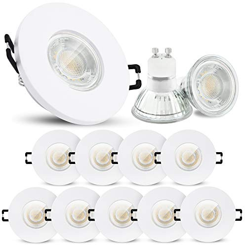 linovum ISAWO Einbaustrahler 10er Set weiß IP65 GU10 2W warmweiß inkl LED | Zehn Deckenspots IP65 weiß matt - warmweiß, mit Glasscheibe für Bad, Dusche & außen, für GU10, inkl. LED