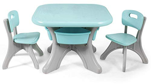 WSHA Kindertisch und 2 Stuhl Set/Kinder Malerei Schreibtisch Stuhl Sets mit 4 Ablagefächern zum Lesen Homeschooling Dining, Spielzimmer Kunststoffmöbel,Grün