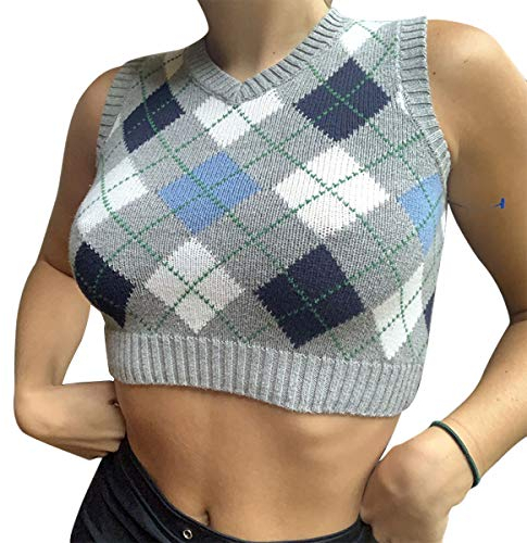 Young Forever Pullunder Karierte Strick V-Ausschnitt Tanktop für Damen Mädchen Strickweste Lässige mit Retro Rautenmuster Preppy Herbst Strickpullover (Grau A, S)