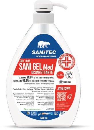 Sanitec, Sani Gel Med, Disinfettante Mani a Base di Alcol senza Risciacquo, Disinfettante Idroalcolico che Elimina il 99,9% dei Batteri, Ideale in Qualsiasi Ambito, Made in Italy, 600 ml