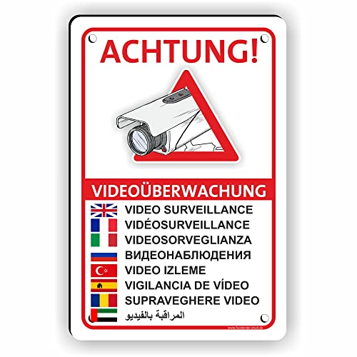 Fassbender-Druck SCHILDER - VIDEOÜBERWACHT (9 Sprachen) vorgebohrtes Schild zum Markieren eines videoüberwachten Bereiches - Videoüberwachungsschild mit Bohrlöchern - (30x20cm SCHILD)