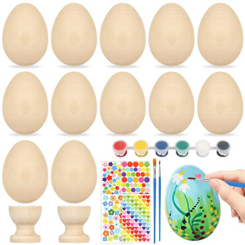 Sprinlot Huevos de Madera para Pintar, 12 Piezas Huevos Pascua con Hueveras de Madera, Pigmentos y Pegatinas, Huevos de Pascua para Decorar, Ideales para Huevos de Pascua Manualidades