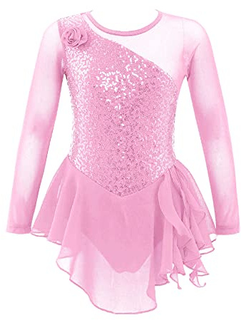 iEFiEL Kinder Mädchen Eiskunstlauf Kleid Langarm Swing Schaukel Tanzkleid Pailletten Ballettkleid Body Glitzer Trikot Turnanzug Gr. 104-176 Rosa Blumen 116