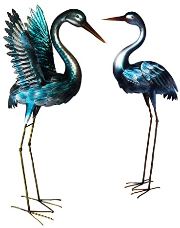 Garden Haven ® Elegant Metal Crane Pair Sculpture Large Patio Garden Bird Decorative Ornament Lawn (Looking Forward & Outstretched)