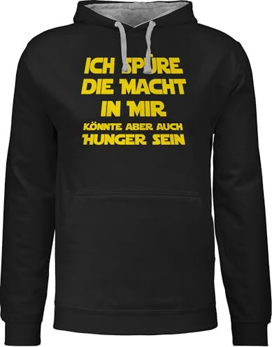 Pullover Herren Frauen Hoodie Kontrast zweifarbig - Sprüche Statement mit - Ich spüre die Macht in mir könnte aber auch Hunger sein I Spruch Hunger - 4XL - Schwarz/Grau meliert - pulli sprueche