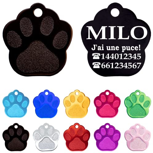 Ibera Gifts - Médaille Chien avec Gravure en Forme de Patte pour Animaux de Petite et Moyenne Taille, Médaille Chien Gravée en Aluminium (Noir)