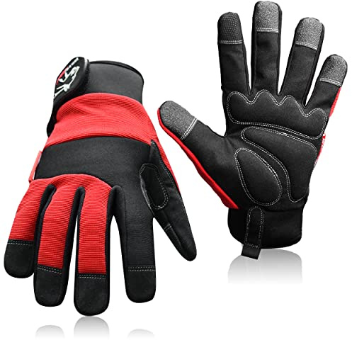 Wolveskin Safety Work Gloves Men & Women - Utility Mechanic Working Gloves for Multi-Purpose, Synthetic Leather, Heavy Duty, Firm Grip, Touchscreen Capable, High Dexterity and Flexible (Red, Large)