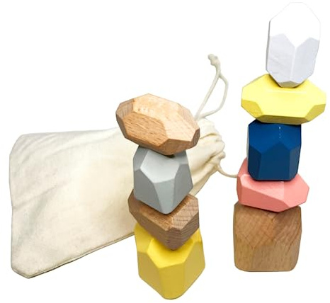 NoriKids Balanciersteine für Kinder | 9 Stapelsteine aus Holz | Sortierspiel mit abgerundeten Ecken & Kanten | Motorikspielzeug ab 3 Jahre | fördert die Balance | Montessori Spielzeug