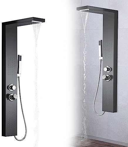 JOIEYOU Panel de ducha de acero inoxidable cepillado, con cabezal de ducha de lluvia para ducha y baño (negro)