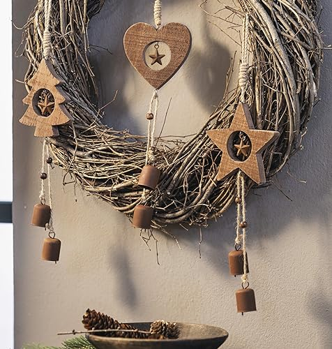 Dekoleidenschaft 3X Dekohänger Stern, Tanne & Herz aus Holz, 40 cm hoch, mit Glöckchen aus Metall in Rost-Optik, Weihnachtsdeko zum Aufhängen, Fensterdeko, Türschmuck