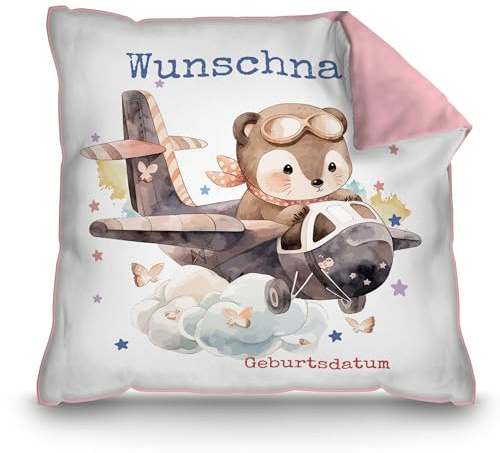 Print Royal PR Personalisiertes Kissen für Kinder mit Name und Geburtsdatum selbst gestalten - Dachs im Flugzeug - Dachs Kinderkissen mit Name | 40 x 40 cm, Rückseite Pink