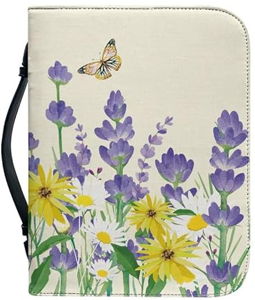 Kuiaobaty Malerei Blumen Griff Bibeltasche Fall mit Reißverschluss, Lila Gelb Floral Buchhüllen für Taschenbücher Schutzhülle für Frauen