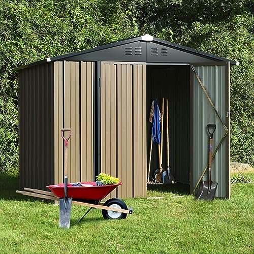 Panana Metal Garden Shed Storage Sheds Heavy Duty Outdoor FREE Base Foundation Green/Grey Color (6X8 Brown)