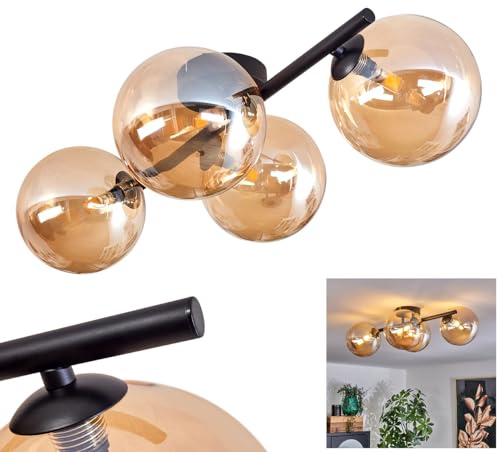 HOFSTEIN Deckenleuchte Chehalis, 4-flammige Deckenlampe aus Metall/Glas in Schwarz/Bernsteinfarben, Leuchte im Retro/Vintage-Design, Ø Schirme 15 cm, G9, Esszimmer, Schlafzimmer, Wohnzimmer, Küche