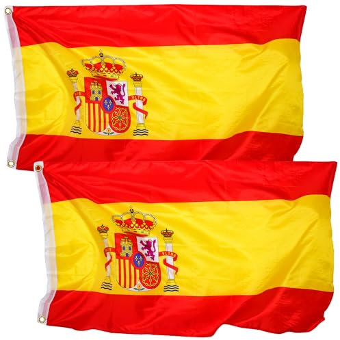 REGALUKOS 2 Unidades Bandera de España de 90 x 150 cm | Auténtica Bandera Española para Exterior, Mástil o Interior con 2 Ojales de Sujeción Metálicos..