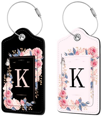 2 Pcs PU Leather Luggage Tag for Suitcases with Privacy Shield and Name ID Tag Address Card Travel Cruise Luggage Tag, Suitable for Men and Women Baggage Handbag Backpack,Flower and Monogram(Letter K