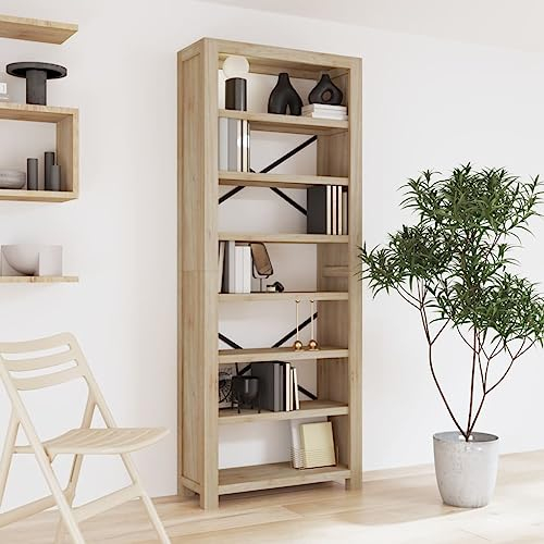 THOYTOUI Bücherregal, Lagerregal Stehregal Vitrinenschrank Aktenschrank Geeignet für Wohnstube Schlafzimmer Werkstatt Abstellraum 7 Fächer 80x30x200 cm Massivholz Akazie